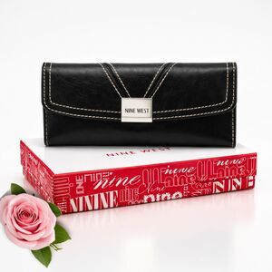 Nine West Black Long Wallet Clutch NWT In Box Magnetic Snap